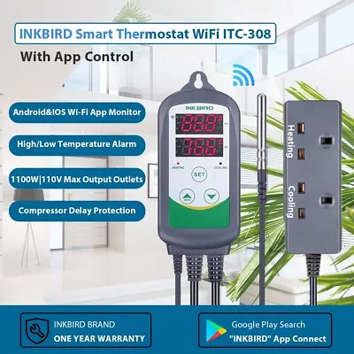 Inkbird Digital ITC-308 WIFI Remote Smart Temp. Control Thermostat Heat Cool UK • £45.99