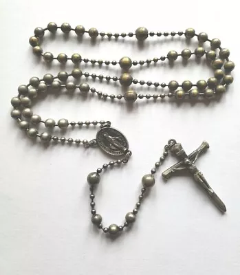 Vtg Antique Metal Pull Chain Beads Rosary Mary Miraculous Medal Crucifix Italy  • $30