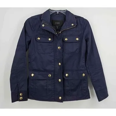 J. Crew Downtown Field Jacket Waxed Cotton Utility Blue Gold Snaps Womens Sz XXS • $22.30