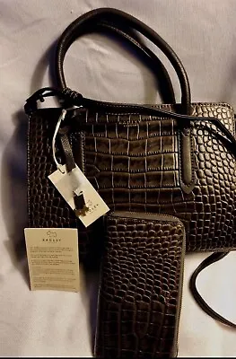 Radley London Liverpool St Brn Croco Leather Handbag + Matching Wallet Set $445 • £249.93