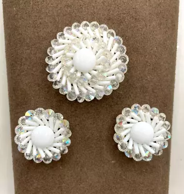 VTG Signed W. Germany Milk Glass AB Beads Flower Brooch Earrings Set • $59.90