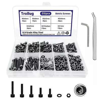 510PCS M3 Small Metric Bolt Assortment 12.9 Grade Alloy Steel Black Zinc Pl... • $13.98