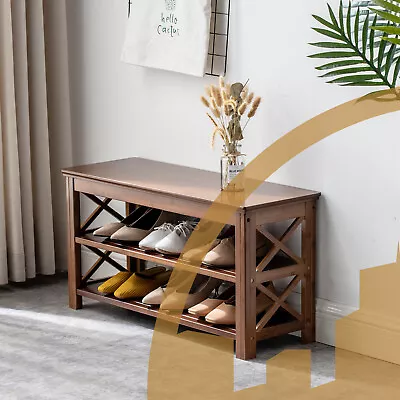 Brown Entryway Organizer Shoe Bench 2-Tier Bamboo 6 Pairs Storage Rack Bench • $45.60