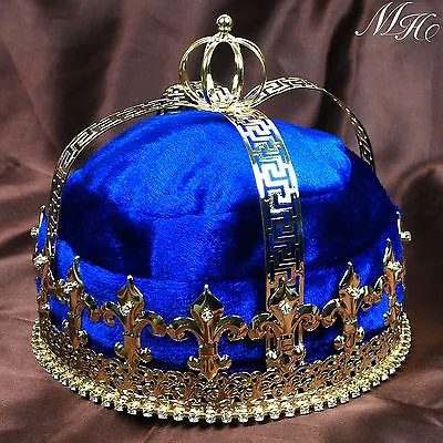 Blue Velvet Crown Imperial Medieval Tiara Diadem For Men Pageant Party Costumes • $42.50