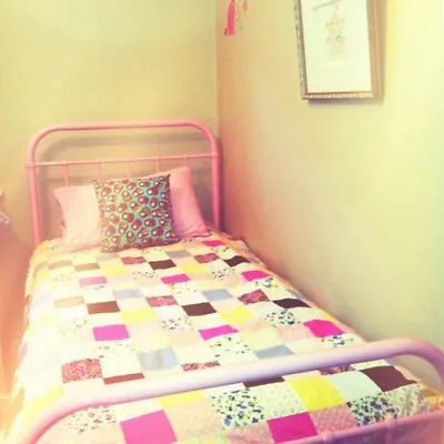 Incy Interiors Bed Cute Iron Beds Pastel Pink + Aqua Single Beds Vintage • $199