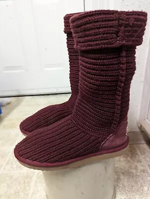 Ugg Australia 5817 Womens BURGUANDY  Cardy Knit Crochet SWEATER Boots Size 8 • $29