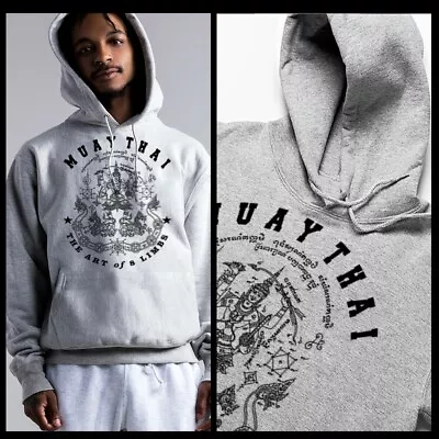 Muay Thai Hoodie Thai Boxing Yantra Fighter Tattoo Kickboxing XL Gray Pullover • $49.99