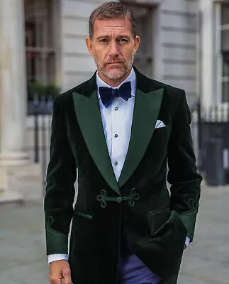Green Men Vintage Velvet Smoking Jacket Robe Shawl Lapel Tuxedo Blazer Tailored • $9.99
