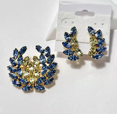 Vintage B David Glass Rhinestone Brooch Pin Clip On Earrings Yellow Blue Nice • $19.99