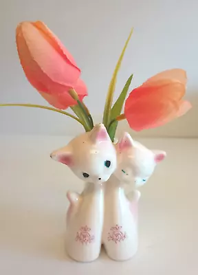 Cats Hand Painted Bud Vase White Pink Vintage Ceramic 4  Tall • $19.99