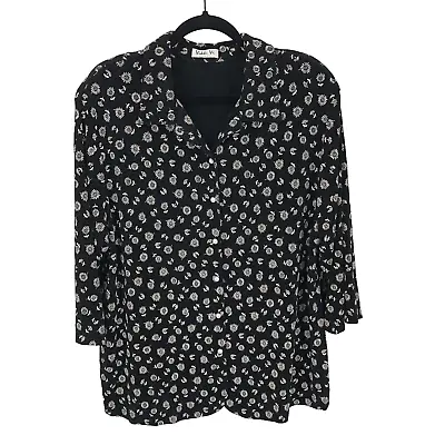 Vikki Vi Womens Size 2X Slinky Top Blouse Black Acetate Pearl Button Floral • $29.99