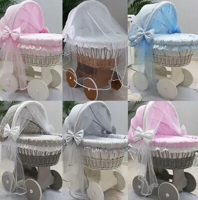 £165 • Buy Wicker Moses Basket And Hood With Tulle + Chassis + Wheels + Bedding 13 Colours