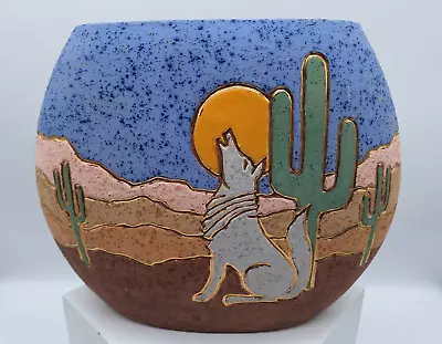 Vintage 90s Vase Pottery Southwest Howling Coyote 8 1/2 X 10 In Cactus Moon • $45.98