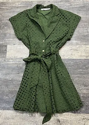Zara Women's Green Eyelet Mini Dress Collard Button Down Belted Lined Size XS • $24.99