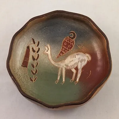 Vintage Clay Pottery Trinket Dish - Folk Art - Llama Vicuna Pepper Flower • $15