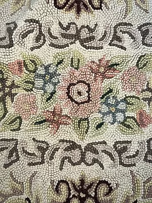 Antique Wool Hook Rug With Hand-Sewn Linen Selvage Muted Florals Set Of 2 • $185