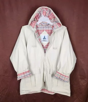 Misty Harbor Rain Coat Jacket Large Beige Women Vinyl Red Lined Hooded VINTAGE • $25.95