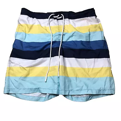 Merona Swim Trunks Men XXL Teal Stripe Mesh Liner Drawstring 100% Polyester • $1
