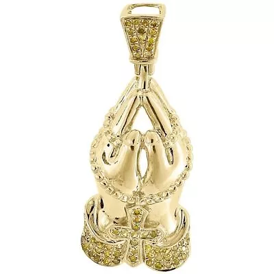 $465 • Buy Yellow Diamond Praying Hands Pendant Mens 10K Gold Rosary Cross Charm 0.30 Tcw.