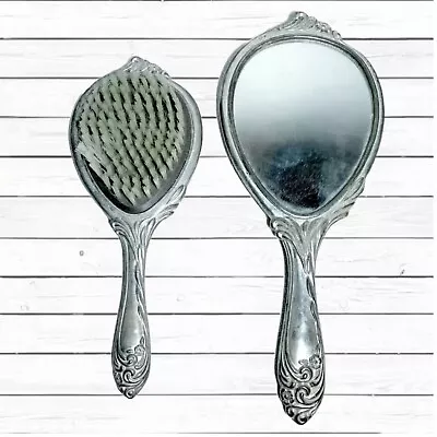 Vintage Set Silver Floral Mirror And Brush Decotative Design • $15.95