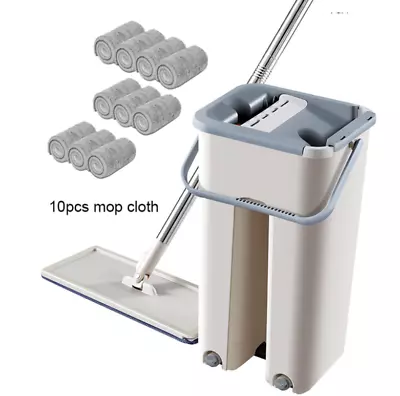 360° Flat Floor Mop Bucket Set Self Cleaning Wet Dry Usage + 10 Microfiber Pads • $26.96