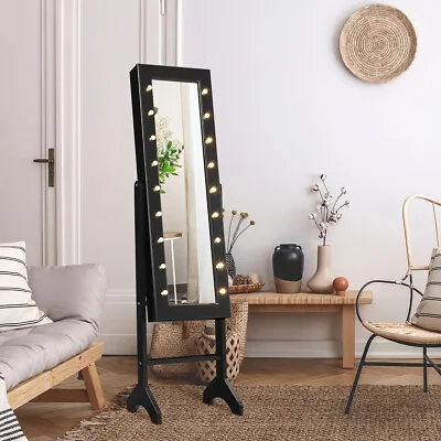 Mirrored Jewelry Cabinet Freestanding Armoire Organizer With 18 LED Lights Black • $99.99