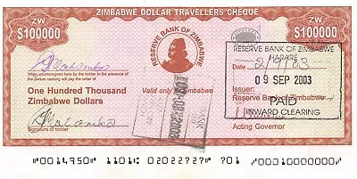 Zimbabwe / Travellers Cheque $100000  9.9.2003  P 20  Circulated Banknote QZ38 • $19