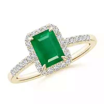 ANGARA Emerald-Cut Emerald Ring With Diamond Halo For Women In 14K Solid Gold • $2181.52