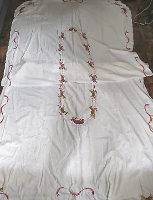 Vintage White Cotton Embroidered Appliqued Santa/Reindeer Tablecloth 10ftx 5ft • $29.99
