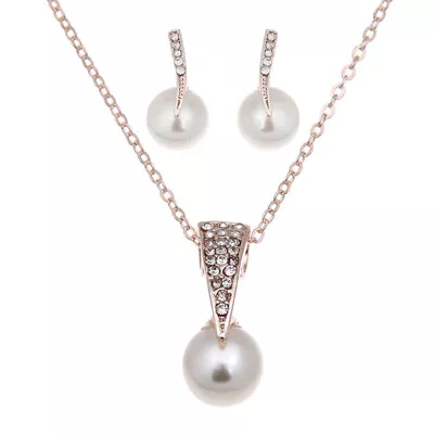 925 Silver Plated White Cultured Freshwater Bead Pearl Earring Stud Necklace Set • £3.49