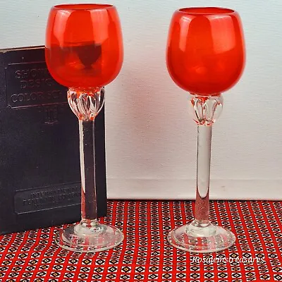  1950s Murano  Glassware Set/2 Wine Glasses 9 H Orange-Red Clear Flower Stem • $85