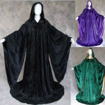 Hooded Velvet Wizard Cloak Cape Men Halloween With Sleeves Robe Various Colours  • $46.90