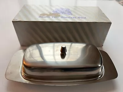 VINTAGE Leonard 18/8 Stainless Steel Butter Dish W/Lid Denmark MCM  Danish • $18.95