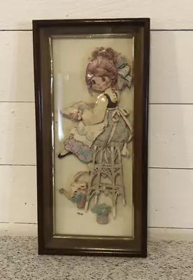 Vintage 3D Paper Art Girl In Garden Scene Shadow Box Signed Wendy • $49