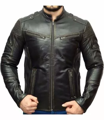 Mens Motorcycle Cafe Racer Vintage Biker Style Distressed Leather Jacket • $58.99