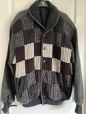 Canda C&A Chunky Knit Leather Trimmed Cardigan Grey Fleece 80s XL • £8