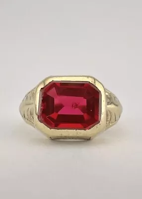 Antique Victorian 10K Yellow Gold Old Flat Cut Synthetic Lab Ruby Engraved Ring • $395