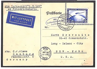 GERMANY ZEPPELIN Air Mail Printed Matter 1928 Card USA {samwells-covers}MS4008 • £195