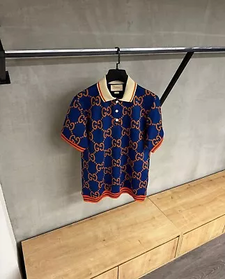 Gucci GG Cotton Jacquard Polo T-shirt In Blue And Orange Men Size L • $325