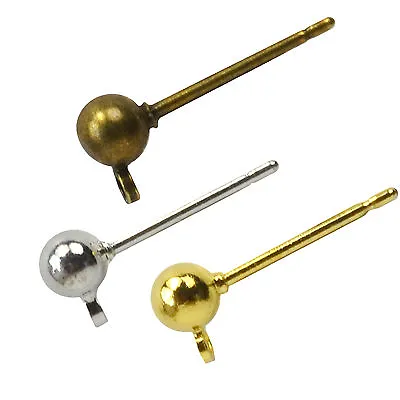 Brass 4mm BALL LOOP Ear Earrings Studs Posts Jewllery Findings Backs BULK BUY • £2.49