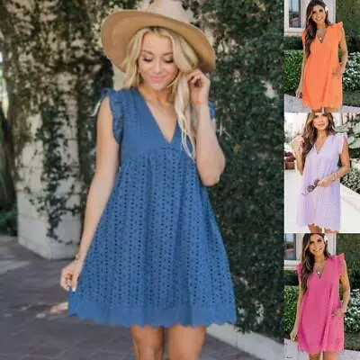 £12.49 • Buy Womens Sundress Lace Short Swing Hollow Holiday Ladies Sleeveless Mini Dress
