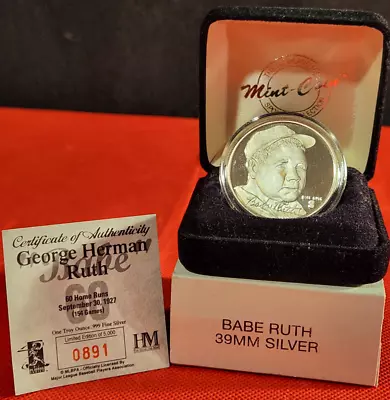 Rare Mint Babe Ruth 60 Home Runs 1 Oz .999 Fine Silver Medallion Coin With Coa • $99.99