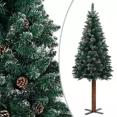 6.9ft Slim Wood Green Christmas Tree With Cones White Snow Party Decoration Home • $147.89