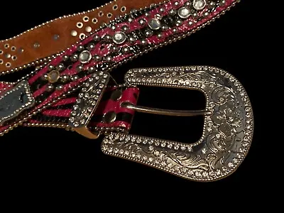 Montana Western Pink Black Leather 38g Clear Rhinestones Silver Tone Belt Studs • $27.58