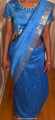 $29.99 • Buy Blue & Gold Saree / Sari / Lehenga