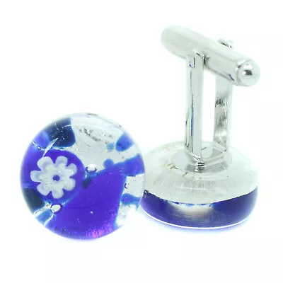 Murano Glass Cufflinks Circular Blue Millefiori Venice Wedding Made In Italy • £15.95