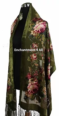 Elegant 100% Silk Burnout Velvet Vintage Floral Oblong Scarf Shawl Wrap Green • $27.99