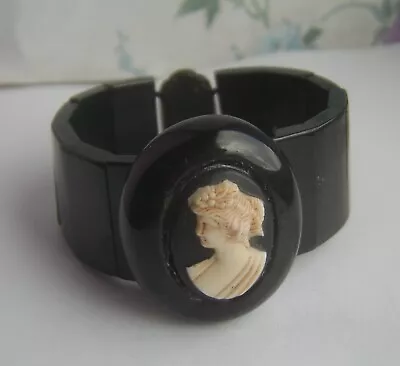 Victorian Whitby Jet Gothic Cameo Mourning Stretch Panel Cuff Bracelet • £99