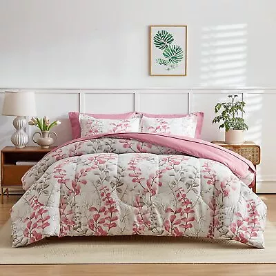 Pink Floral Comforter Sheet Set Bed In A Bag 7 Pieces Queen Size Pink Gray Fl... • $77.42