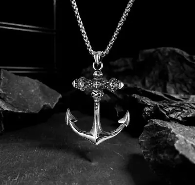 Men's Stainless Steel Silver Skull Anchor Pendant Chain Necklace Nautical • $7.99